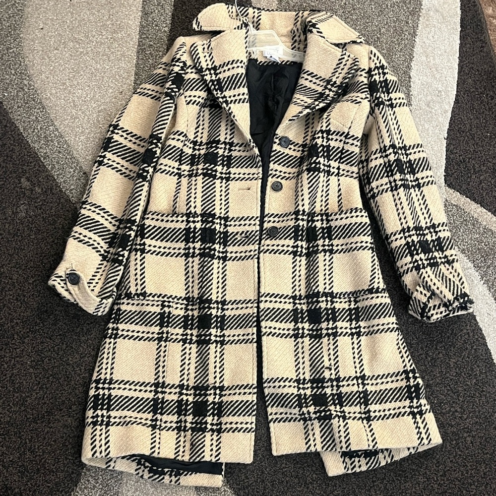 Ann Taylor LOFT Camel Black Plaid Wool Blend Coat Size 2